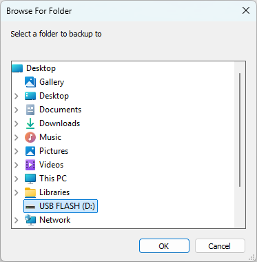 select a location to backup to