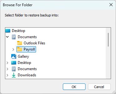 select folder to restore backups into